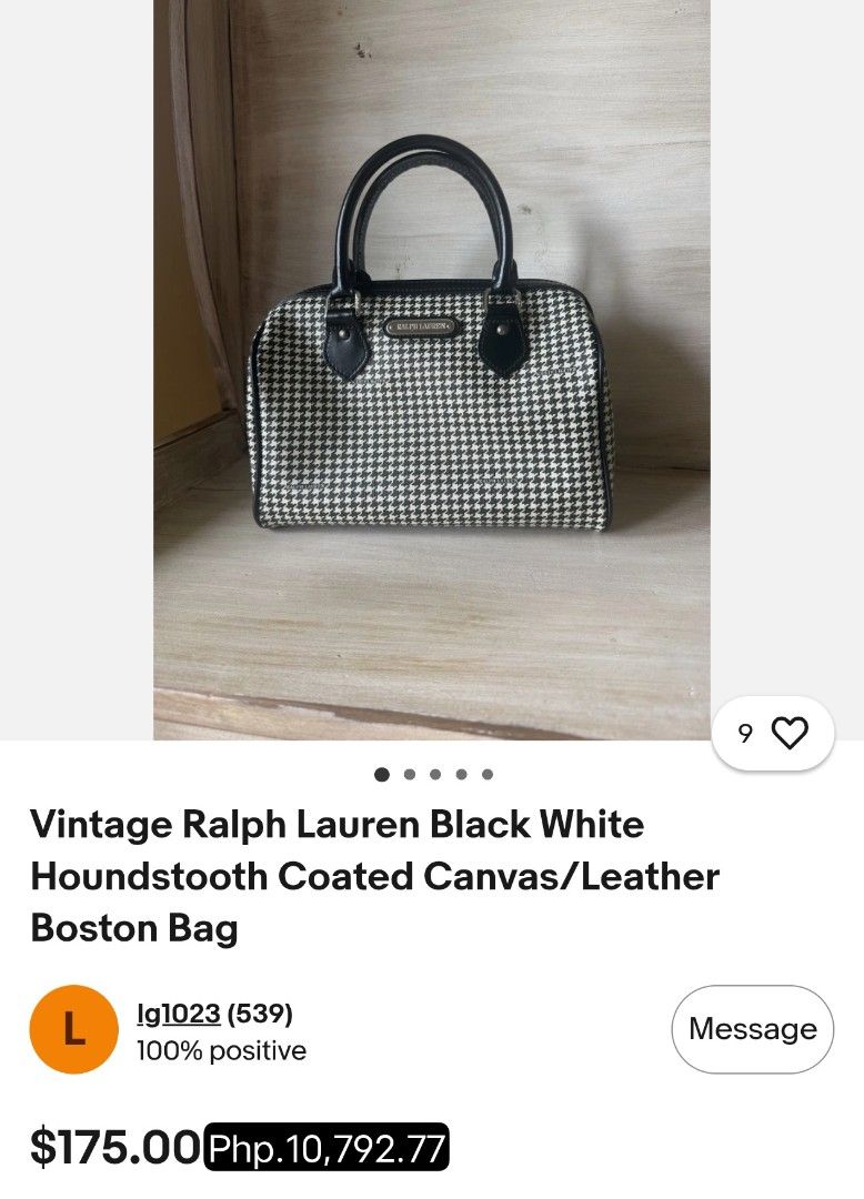 Ralph Lauren Vintage Houndstooth Boston Bag (Category: Luxury Bags & Wallets) located in Baguio. Submitted by PreiLoveMaria (Listing ID 1450857577, Image 3). Description: Vintage Ralph Lauren Houndstooth Boston Bag Featuring an iconic black-and-white houndstooth pattern with black leather trim, this piece serves major classic prep elegance. ​🖤 DEETS & FEATURES: ​Brand: Ralph Lauren ​Material: Coated Canvas body with genuine leather handles and t