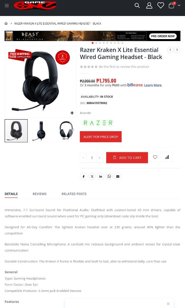 Razer Kraken X Lite Headset rush price (Category: Headphones & Headsets) located in Caloocan City. Submitted by kennsalas124605 (Listing ID 1450897309, Image 2). Description: Audio Specifications Driver Size: 40 mm with Neodymium magnets Frequency Response: 12 Hz – 28 kHz Impedance: 32 Ω @ 1 kHz Sensitivity: 109 dB Surround Sound: 7.1 Surround Sound (software-enabled on 64-bit Windows 10/11) Ear Cup Design: Over-ear (Closed-back) with leatherette