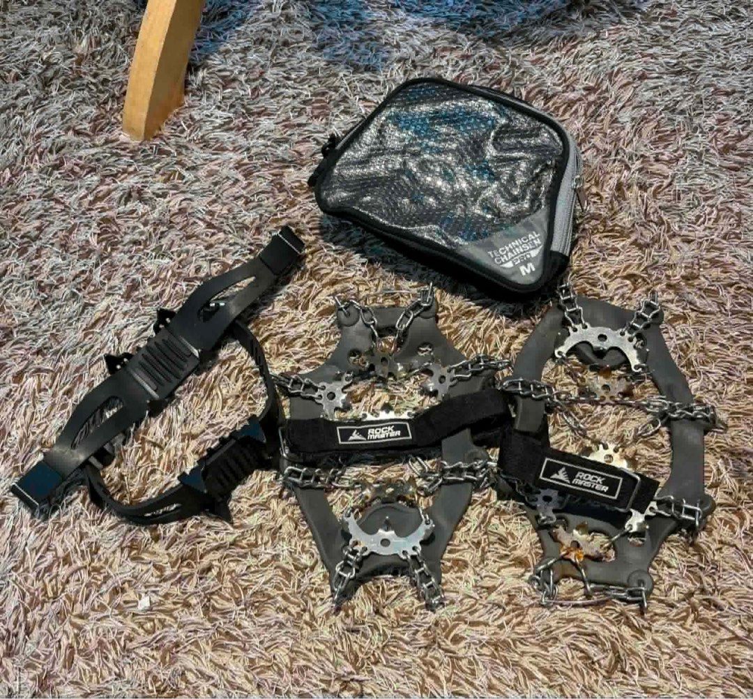 Rock Master Technical Chain Eisen Pro Ice Cleats M (Category: Bicycles) located in Alegria. Submitted by thriftedpinas (Listing ID 1450759620, Image 1). Description: - Rock Master Technical Chain Eisen Pro ice cleats - Size: Medium (M) - Designed for walking on ice and snow - Features metal spikes and chains for superior grip - Comes with a convenient carrying pouch - Ideal for hiking and winter outdoor activities - Be prepared for cold weather c