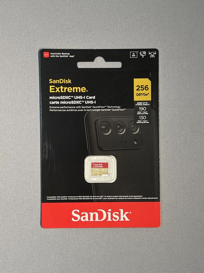 SanDisk Extreme Micro SD Card Memory V30 (256GB) (Category: Memory & SD Cards) located in Malabon City. Submitted by enricogomez (Listing ID 1450879805, Image 3). Description: SanDisk Extreme Micro SD Card Memory V30 (256GB) >> original >> brand new & sealed >> V30 U3 A2 microSDXC UHS-I >> compatible with action cams like DJI, Insta360, and GoPro, and other devices such as CCTVs, drones, phones, dashcams, etc. >> test all you want before payment 
