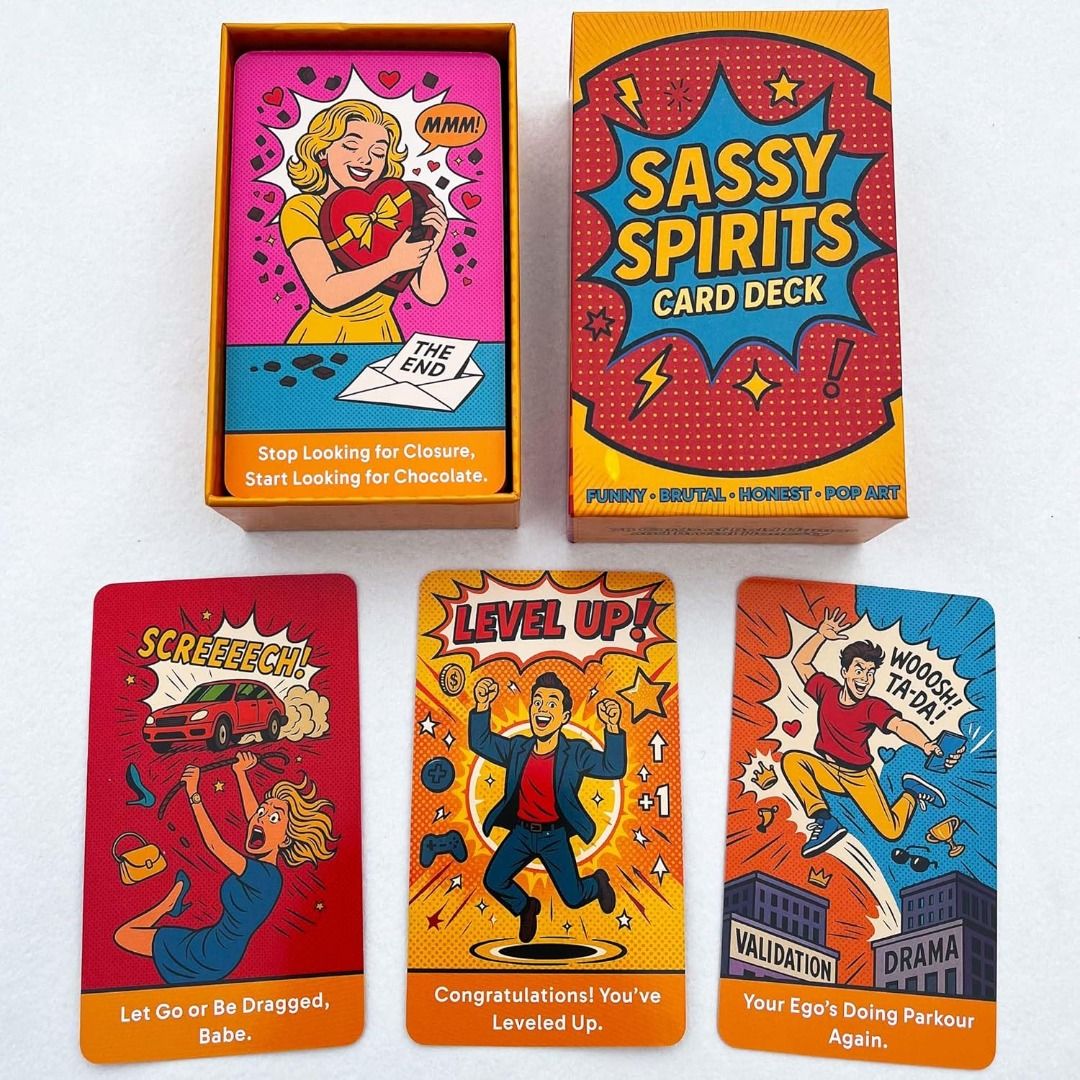 Sassy Spirits Oracle Deck - Authentic From USA (Category: Vintage Collectibles) located in Bacoor. Submitted by tarotstarofaquarius (Listing ID 1450925486, Image 3). Description: Authentic From USA ● Pop-Art Oracle Deck With Attitude: Forget soft whispers, Sassy Spirits speaks LOUD. This 78-card oracle deck pops with bold colors, comic-style art, retro textures, and unapologetically honest messages. Every card delivers real talk with humor, sass,