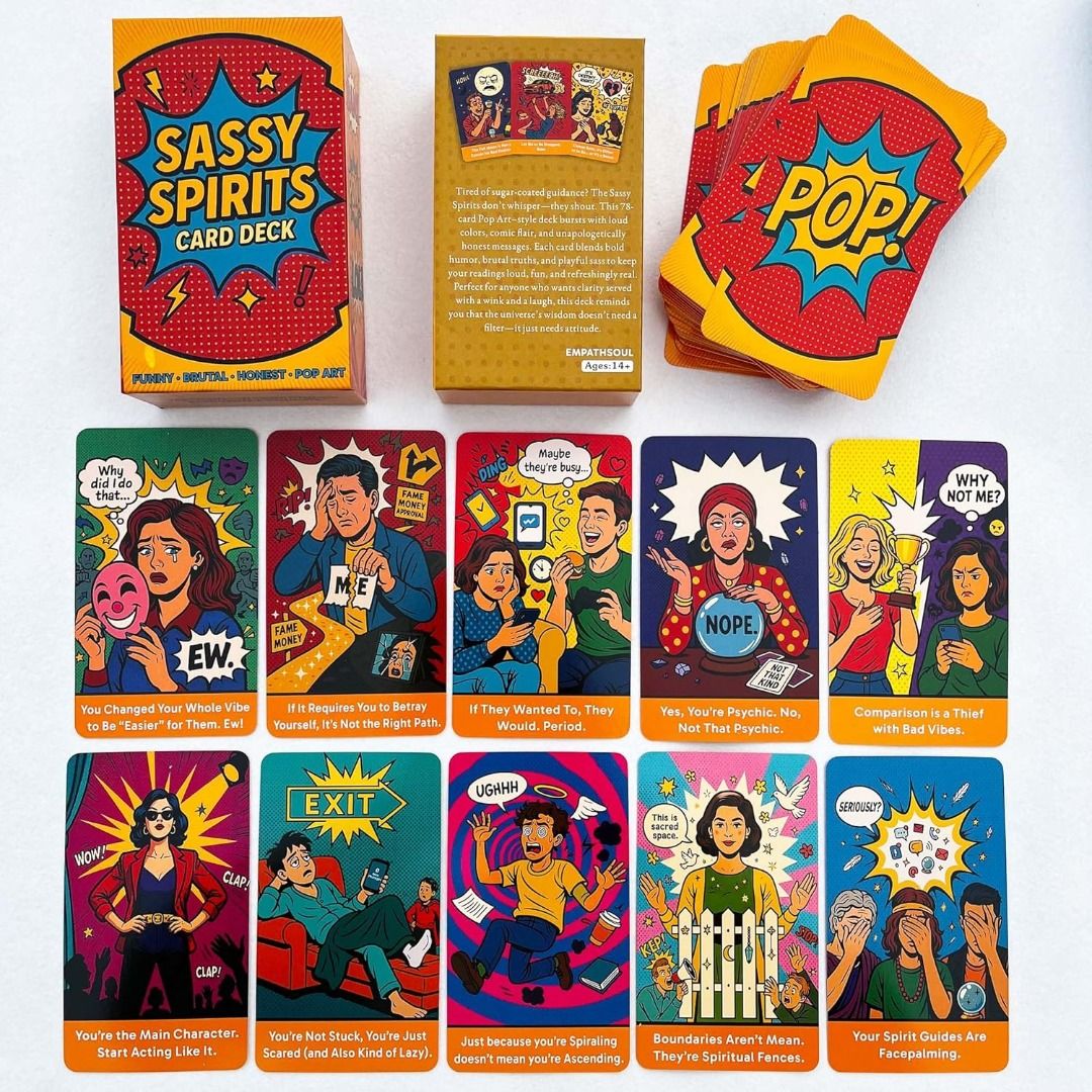 Sassy Spirits Oracle Deck - Authentic From USA (Category: Vintage Collectibles) located in Bacoor. Submitted by tarotstarofaquarius (Listing ID 1450925486, Image 2). Description: Authentic From USA ● Pop-Art Oracle Deck With Attitude: Forget soft whispers, Sassy Spirits speaks LOUD. This 78-card oracle deck pops with bold colors, comic-style art, retro textures, and unapologetically honest messages. Every card delivers real talk with humor, sass,