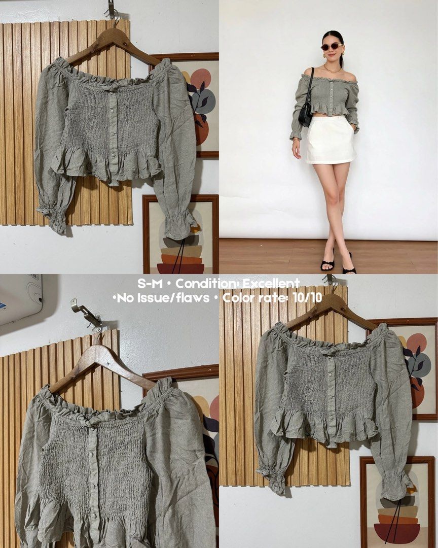 Smocked Off-Shoulder Long Sleeve Crop Top (Category: Longsleeves) located in Talavera. Submitted by trendzone.collection (Listing ID 1450774566, Image 1). Description: - Smocked off-the-shoulder design - Ruffled hem and cuffs - Button-down front - Long sleeves with elasticated cuffs - Pairs well with skirts or high-waisted pants - Ideal for casual days or nights out.
