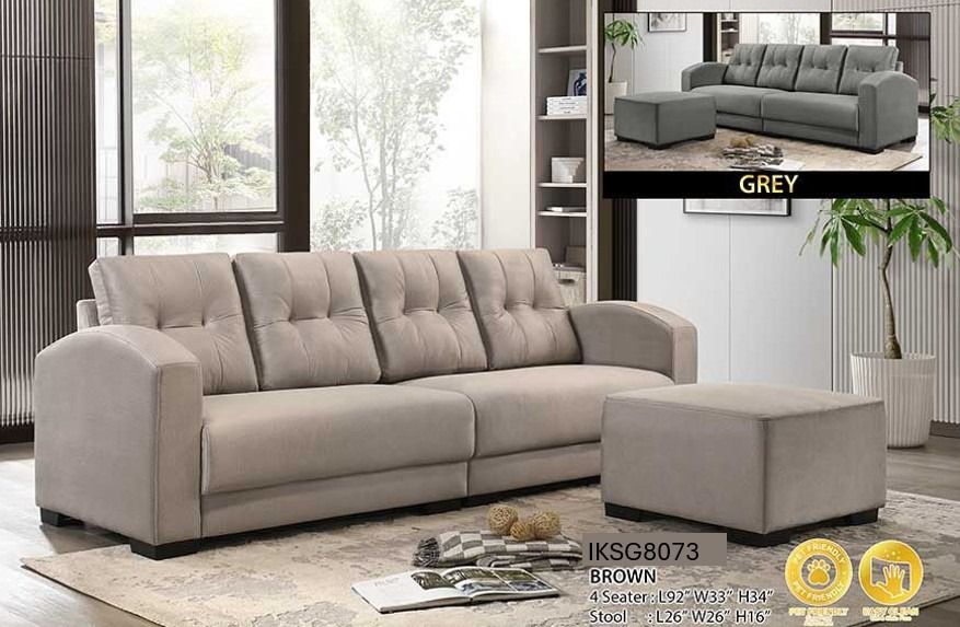 Sofa (Category: Sofas) located in Singapore. Submitted by ikfurnituresg (Listing ID 1450810484, Image 3). Description: IKSG8071 - $600 L-Shape Sofa L96" W65" H38" Material: Fabric Colour: Beige PKP-1 IKSG8072 - $600 L-Shape Sofa L96" W65" H38" Material: Fabric Colour: Brown PKP-3 IKSG8073 - $400 L-Shape Sofa 4 Seater: L82" W33" H34" Stool: L26" W26" H16" Material: Fabric Colour: Brown / Grey IKSG8074 - $710 L-Shape Sofa L105" W71" H40" Material: 