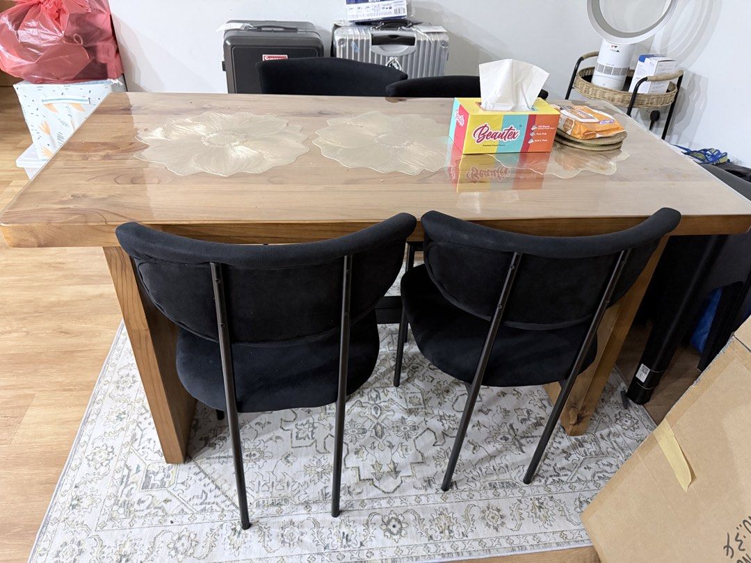 Solid Wood Dining Table (Category: Tables & Sets) located in Singapore. Submitted by ds_drop (Listing ID 1450878233, Image 3). Description: - Solid wood dining table - Thick, sturdy tabletop - Robust block legs - Seats 6 people comfortably - Natural wood grain finish - Ideal for family dinners and gatherings Need to clear asap as we are moving house. Can throw in the 4 chairs if buyer wants. Kindly arrange your own transport/movers as the table i