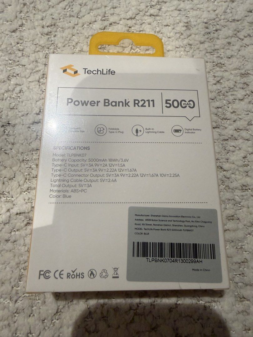 Techlife Powerbank R211 5000mah (Category: Batteries & Power Banks) located in Mandaluyong City. Submitted by wired24x7 (Listing ID 1450883466, Image 2). Description: 5000mah Type C with lightning cable output .
