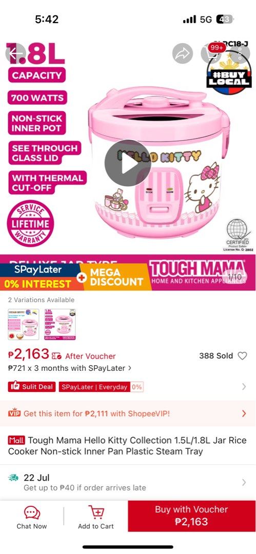 Tough Mama Hello Kitty 1.8L Rice Cooker (Category: Cookers) located in Makati City. Submitted by ailynshhhj (Listing ID 1450829286, Image 1). Description: - Adorable pink Kitty design - 1.8L capacity, perfect for small to medium households - Powerful 700 Watts for efficient cooking - Non-stick inner pot for easy cleaning - See-through glass lid to monitor cooking - Built-in thermal cut-off for enhanced safety - Comes with a lifetime warranty for 