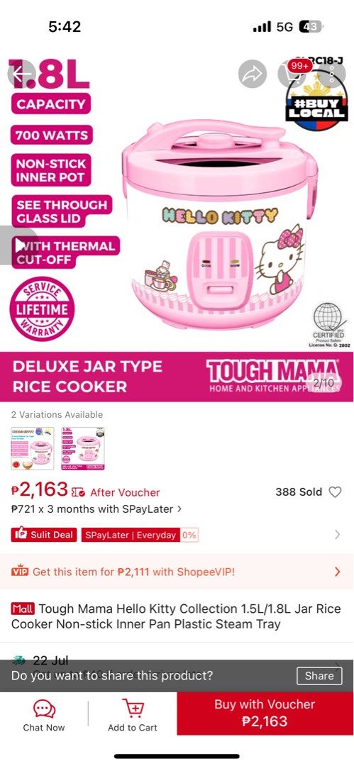 Tough Mama Hello Kitty 1.8L Rice Cooker (Category: Cookers) located in Makati City. Submitted by ailynshhhj (Listing ID 1450829286, Image 2). Description: - Adorable pink Kitty design - 1.8L capacity, perfect for small to medium households - Powerful 700 Watts for efficient cooking - Non-stick inner pot for easy cleaning - See-through glass lid to monitor cooking - Built-in thermal cut-off for enhanced safety - Comes with a lifetime warranty for 