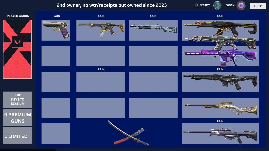 Valorant Account with Premium Skins (Category: Others) located in Caloocan City. Submitted by ezashjuls (Listing ID 1450750563, Image 1). Description: VALORANT ACCOUNT FOR SALE SLIGHTLY NEGOTIABLE Peak Rank: Diamond 1 Current Rank: Platinum 2 • 10 Premium Skins • Hidden Skin: Champions 2023 Vandal • 1 Complete Battle Pass • Total Spent: ₱9,499 Account Information: • 2nd Owner • Owned since 2023 • 3 recent Riot purchase receipts available • No ori