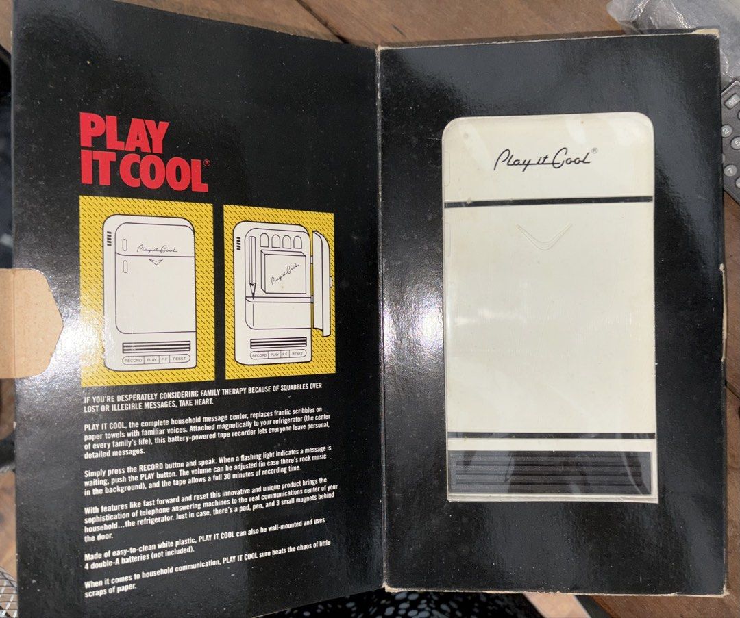 Vintage 1987 Retro Voice Recorder (Category: Voice Recorders) located in Quezon City. Submitted by jennybug (Listing ID 1450896378, Image 2). Description: Play It Cool Household Communication Audio tape recorder Paper memo, ball pen Vintage refrigerator design Never used, not tested Kept in box and stored May punit na ang box Item inside is like new Price is negotiable if serious buyer.