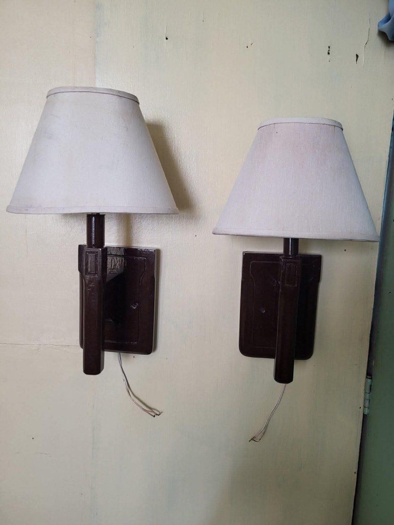 Wall lamp (Category: Lighting) located in Manila. Submitted by inaahc (Listing ID 1450927819, Image 2). Description: Two single lights wall scones fabric shades,cylindrical column stems and sleeks rectangular backplates. Pwede sa fronts doors Pwede sa living room Pwede sa bed room Space free po ito. In very good conditions Pm na. .