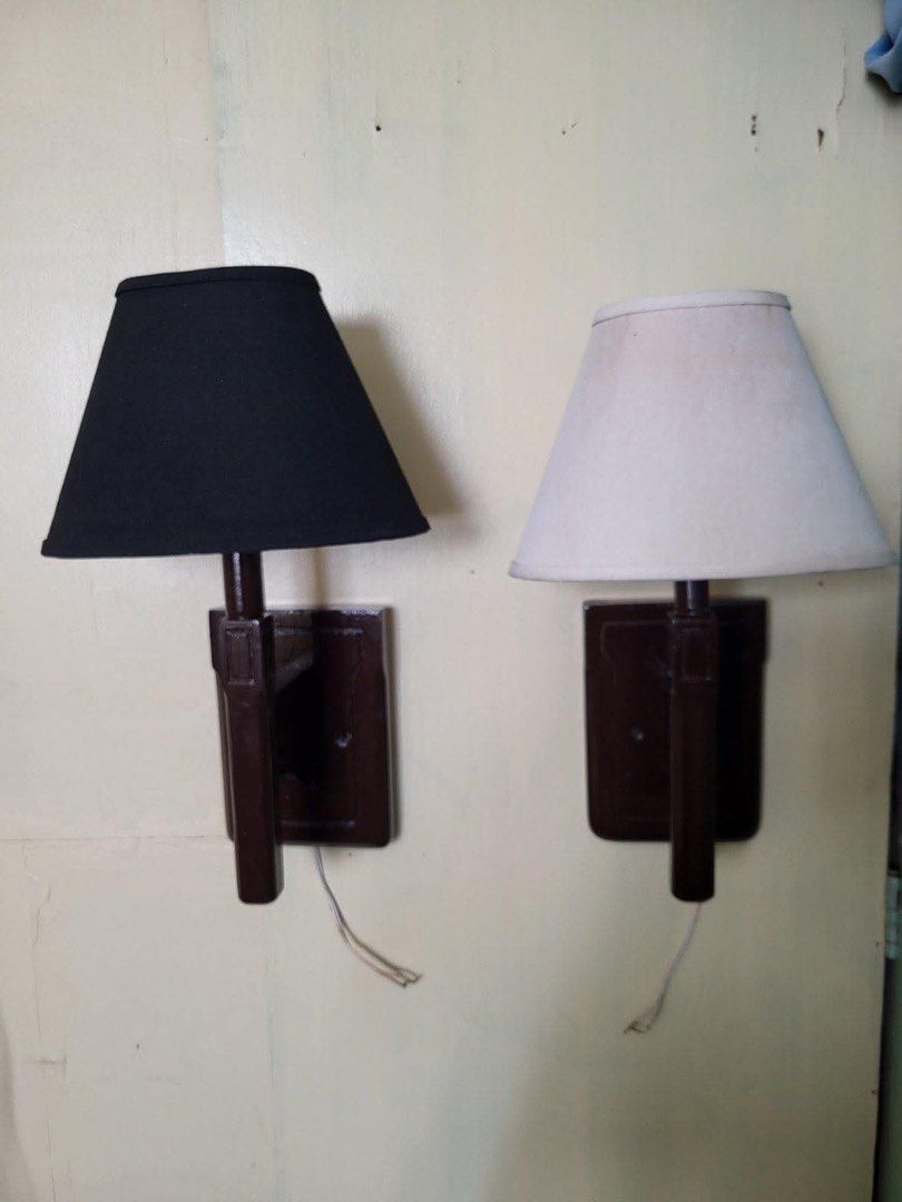 Wall lamp (Category: Lighting) located in Manila. Submitted by inaahc (Listing ID 1450927819, Image 1). Description: Two single lights wall scones fabric shades,cylindrical column stems and sleeks rectangular backplates. Pwede sa fronts doors Pwede sa living room Pwede sa bed room Space free po ito. In very good conditions Pm na. .