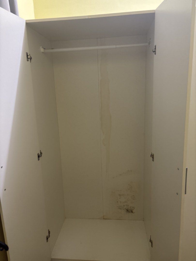 White 3-Door Wardrobe with Hanging Rail and Shelves (Category: Shelves, Cabinets & Racks) located in Cyberjaya. Submitted by fattahdollah (Listing ID 1450907148, Image 3). Description: - White 3-door wardrobe - Features a hanging rail and three shelves - Offers plenty of space for clothes and storage - Doors open and close smoothly - Minor marks inside (please check photos) -Kalau boleh self-pickup lagi baik, kalau tak boleh kena arrange lalamove