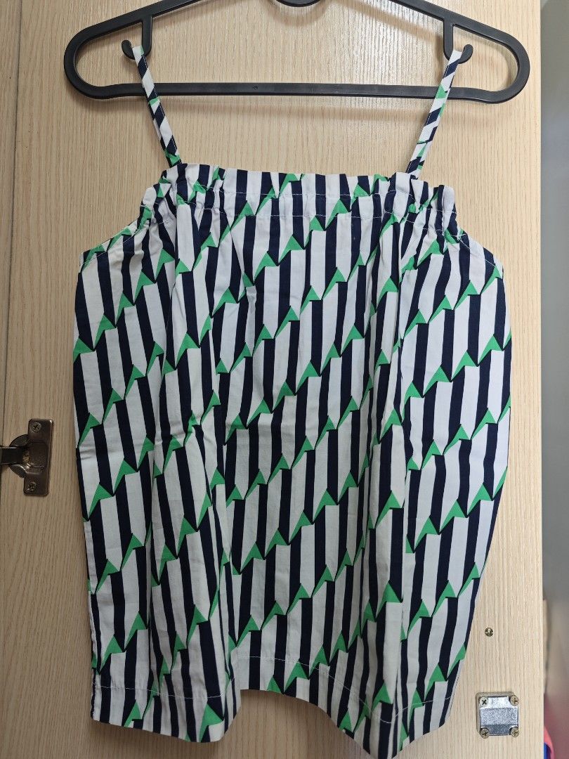 White, Navy, Green Geometric Print Spaghetti Strap Top (Category: Sleeveless) located in Taguig. Submitted by hellojuly (Listing ID 1450801506, Image 1). Description: - Cute spaghetti strap top with a stylish geometric print. - Features a flattering gathered neckline. - Made from lightweight and breathable fabric, ideal for comfort. - Versatile piece for casual outings or as a layering item. - Easily pairs with shorts or jeans for a complete look