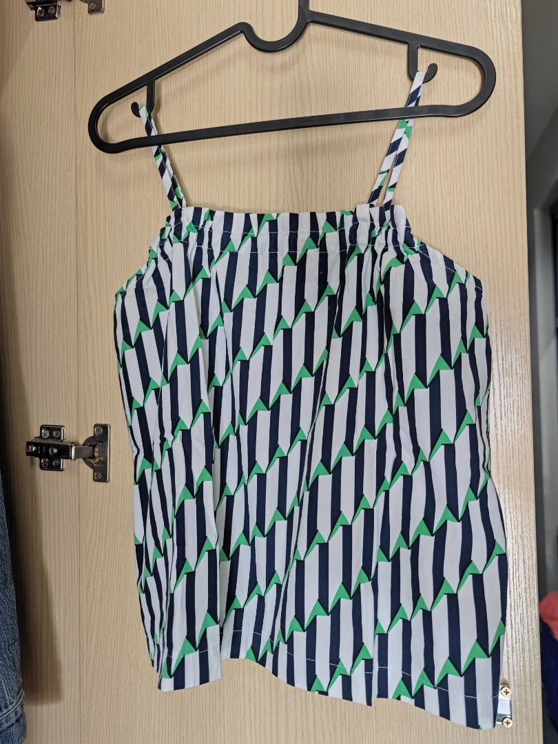 White, Navy, Green Geometric Print Spaghetti Strap Top (Category: Sleeveless) located in Taguig. Submitted by hellojuly (Listing ID 1450801506, Image 2). Description: - Cute spaghetti strap top with a stylish geometric print. - Features a flattering gathered neckline. - Made from lightweight and breathable fabric, ideal for comfort. - Versatile piece for casual outings or as a layering item. - Easily pairs with shorts or jeans for a complete look