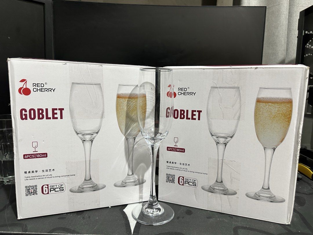 Wine Glass (Goblet) (Category: Dinnerware & Cutlery) located in Valenzuela. Submitted by alas_qwe (Listing ID 1450826663, Image 2). Description: - Set of 6 Red Cherry champagne glasses - Each glass holds 180ml - Classic goblet style - Ideal for parties and special occasions - Comes in original packaging Used once ginamit lang sa wedding photoshoot Rfs : Decluttering Selling for 350 per box (set of 6).