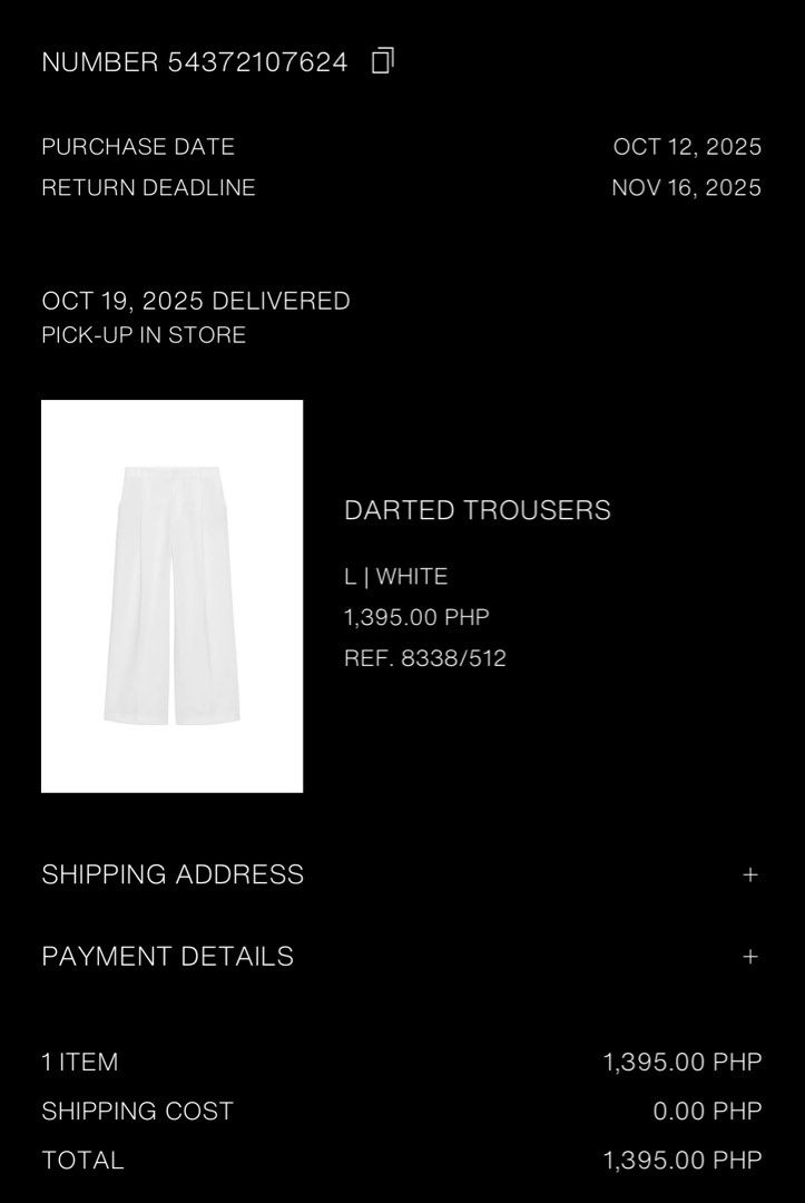 ZARA Darted Trousers - White, Size L (Category: Other Bottoms) located in Quezon City. Submitted by mer.declutters (Listing ID 1450862257, Image 3). Description: High-waisted pants with belt loops. Front pleat detail. Side pockets and false welt pockets in the back. Front zip and button closure. Rfs: need to downsizeeee Purchased from Zara app.