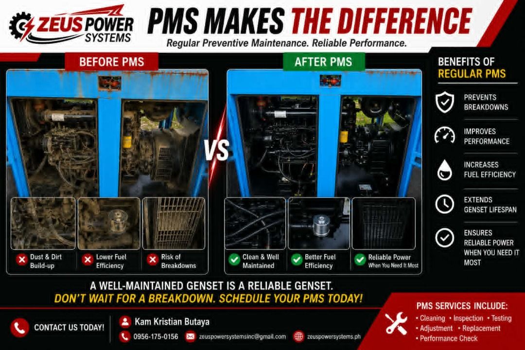 Zeus Power Systems PMS for Generators (Category: Construction Tools & Equipment) located in Caloocan City. Submitted by backuppowerph (Listing ID 1450750317, Image 1). Description: - Keep your Zeus Power Systems genset running smoothly with our Preventive Maintenance Service (PMS). - Services include cleaning, inspection, testing, adjustment, replacement, and performance checks. - Regular maintenance prevents breakdowns and improves performance. 