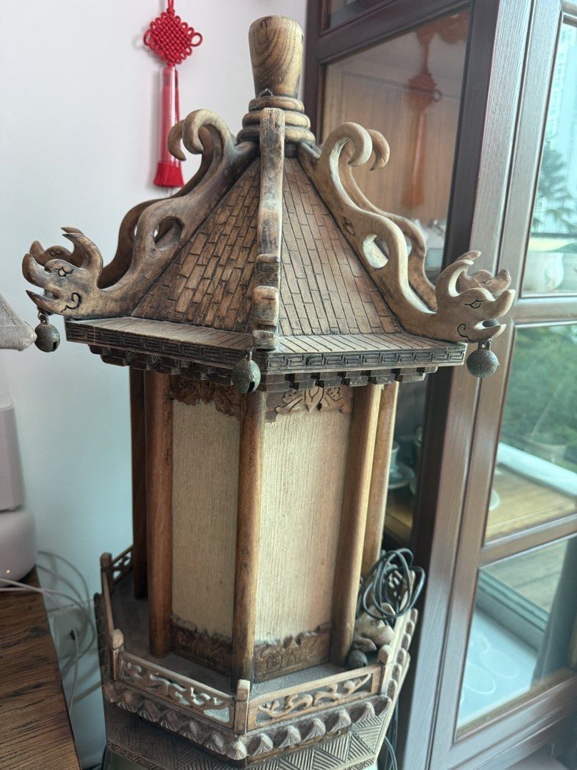 2 Vintage Wooden Pagoda Lantern with Dragon Details