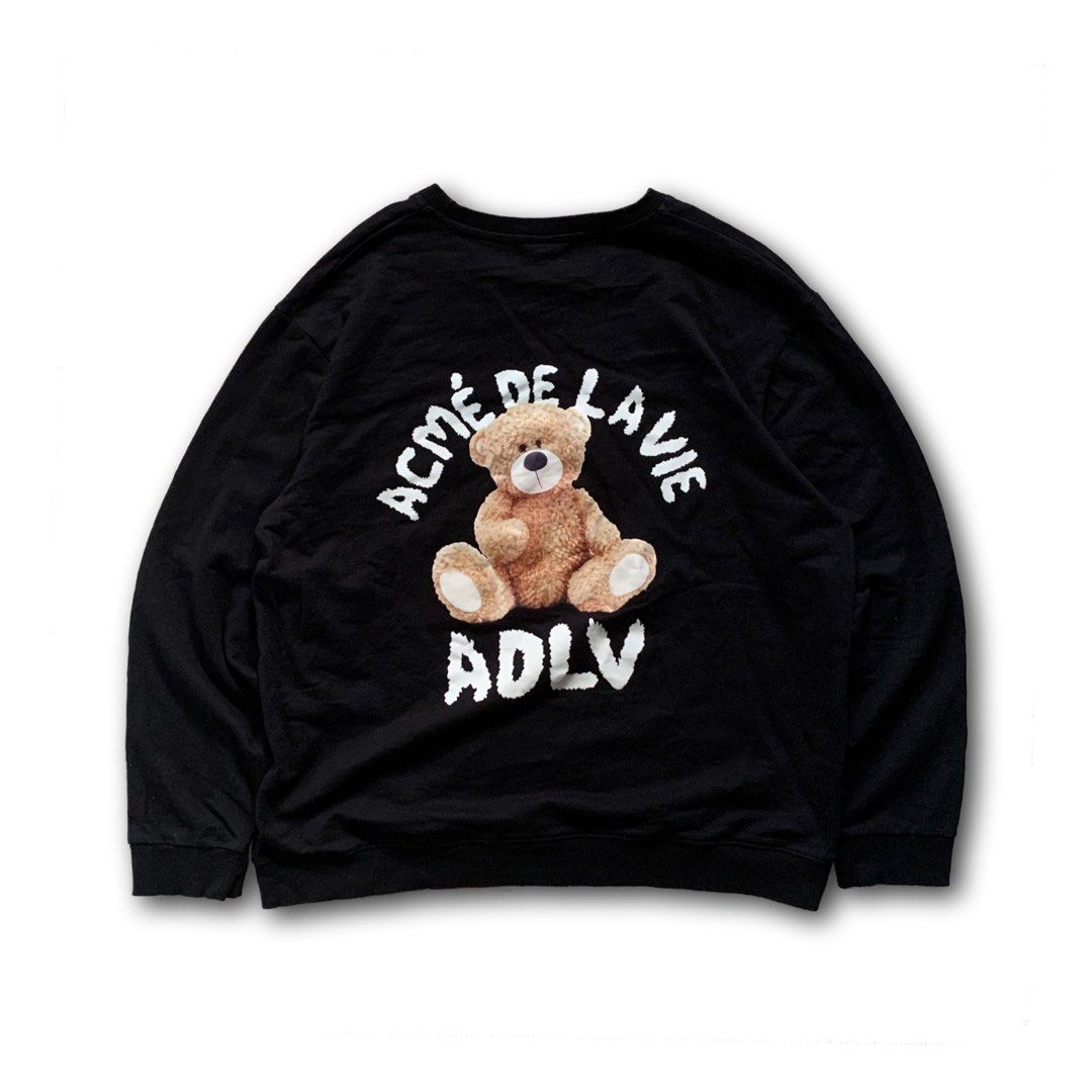 ADLV, Acmé De Lavie, Teddy Bear Black Pull Over Sweater (Category: Hoodies) located in Manila. Submitted by s0leilrouge (Listing ID 1451055944, Image 2). Description: ADLV, Acmé De Lavie, Bear Black Pull Over Sweater Size L W 24 L 27 Issue - None Color rate 10/10 Washed 300 + SF .