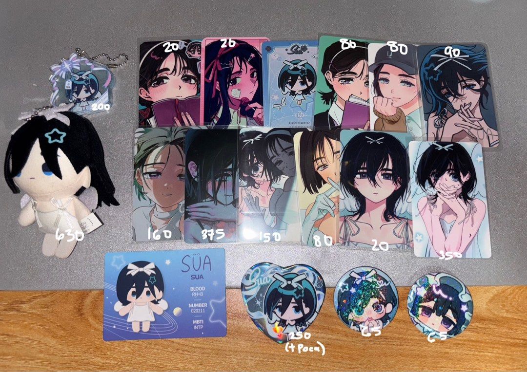 Alien Stage Sua Merch (Category: Character Goods) located in Valenzuela. Submitted by hchiware (Listing ID 1450985913, Image 1). Description: Can tingi/set. Can discount if taken by set - Sua Anime Merchandise Available! - Plushie: PHP 630 - Acrylic Keychain: PHP 200 - Photocards: PHP 20 - PHP 375 - Character Cards - Heart-Shaped Badge: PHP 250 - Round Badges: PHP 65 each - All items feature the character Sua..