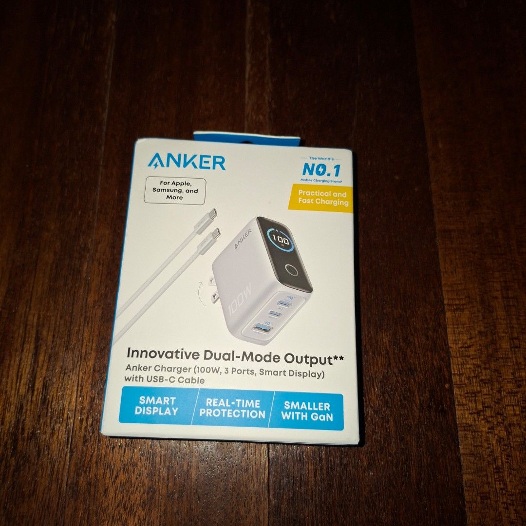 Anker 100W Charger with USB-C Cable (Category: Chargers & Cables) located in Pasig City. Submitted by mr.bargaindeal (Listing ID 1450994716, Image 2). Description: - Anker 100W Charger: Power up your devices fast. - Innovative Dual-Mode Output: Versatile charging options. - 3 Ports: Charge multiple devices simultaneously. - Smart Display: Monitor charging status in real-time. - Compact GaN Technology: Smaller size, powerful performance. - Real-Ti