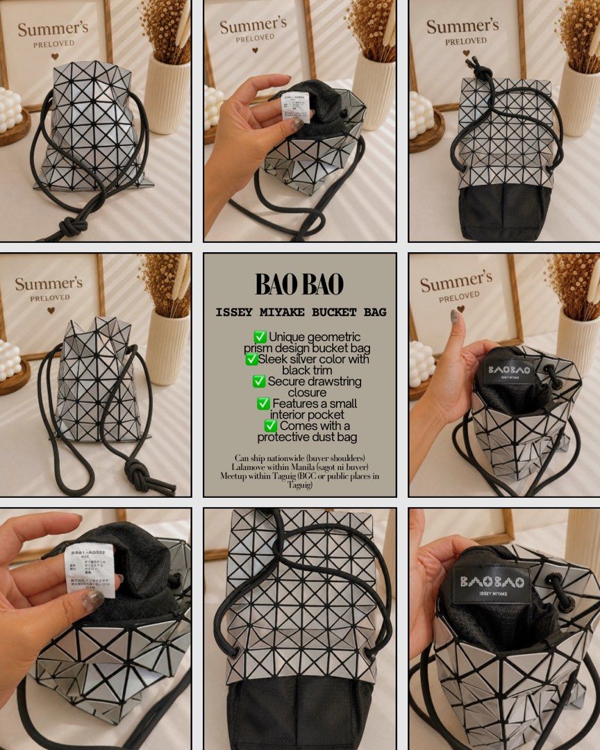 BAOBAO Bucket Bag (Category: Luxury Bags & Wallets) located in Taguig. Submitted by summers.preloved (Listing ID 1451122430, Image 2). Description: - Unique geometric prism design bucket bag - Sleek silver color with black trim - Secure drawstring closure - Perfect for adding flair to any outfit or for a night out - Features a small interior pocket - Comes with a protective dust bag.
