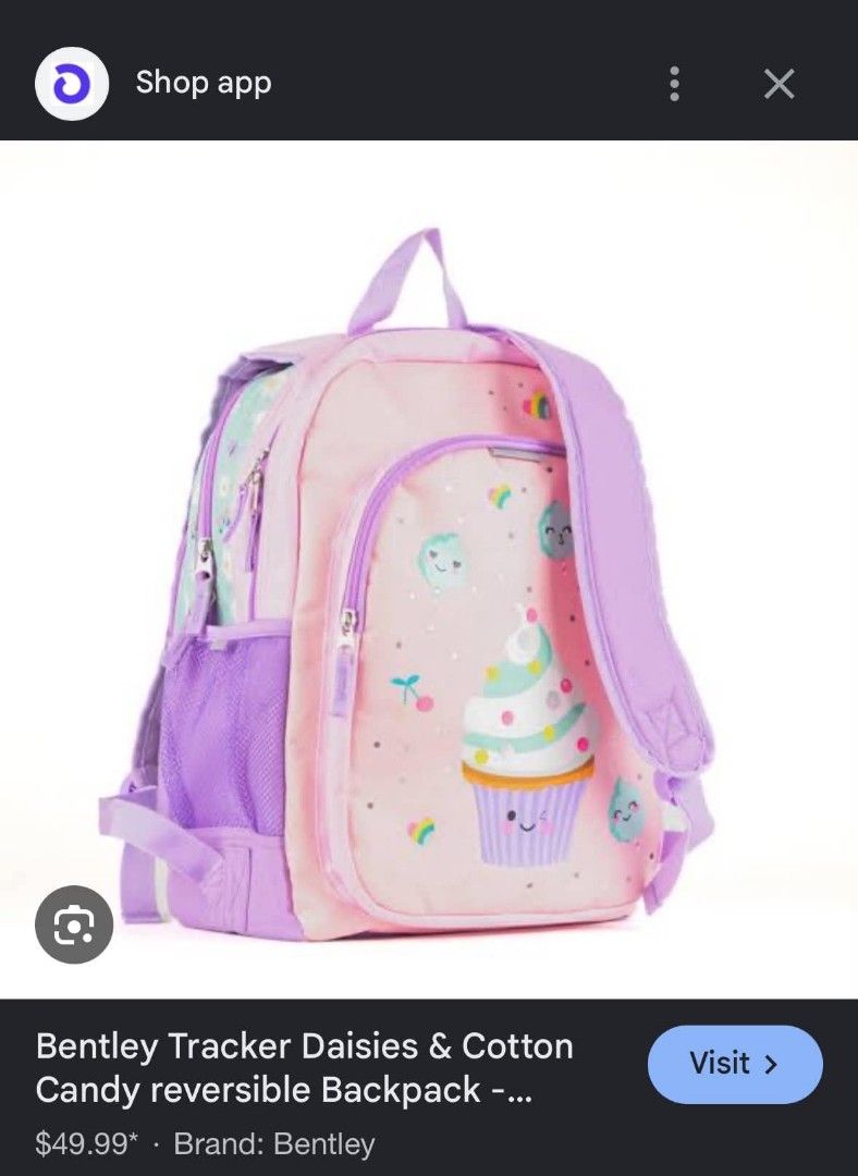 Bentley Tracker Reversible Backpack Daisies & Cotton Candy (Category: Backpacks) located in Quezon City. Submitted by happy_nanay_of_3 (Listing ID 1451090596, Image 1). Description: - Original from Canada - Fun cotton candy and cupcake print on one side. - Daisy and butterfly print on the other side. - Features side pockets for water bottles. - Plenty of interior space for essentials. - Slightly nego - Rfs: pinapabenta.