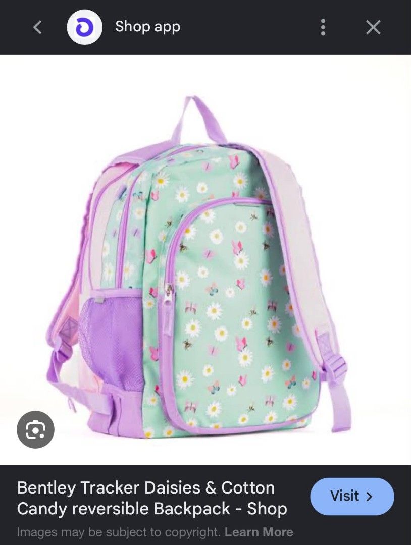 Bentley Tracker Reversible Backpack Daisies & Cotton Candy (Category: Backpacks) located in Quezon City. Submitted by happy_nanay_of_3 (Listing ID 1451090596, Image 2). Description: - Original from Canada - Fun cotton candy and cupcake print on one side. - Daisy and butterfly print on the other side. - Features side pockets for water bottles. - Plenty of interior space for essentials. - Slightly nego - Rfs: pinapabenta.