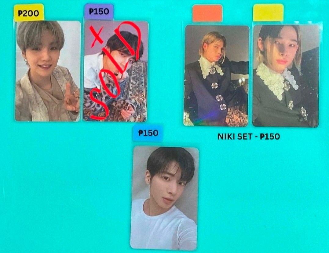 [BTS, ENHYPEN,TXT] PHOTOCARDS (Category: K-Wave Merchandise) located in Manila. Submitted by mystichorse-fee9 (Listing ID 1435775127, Image 1). Description: - BTS Suga photocard: P200 - BTS V photocard: P150 - TXT Taehyun photocard: P150 - Niki photocard set: P150 🌟 Shipping fee is shouldered by the buyer 🌟.
