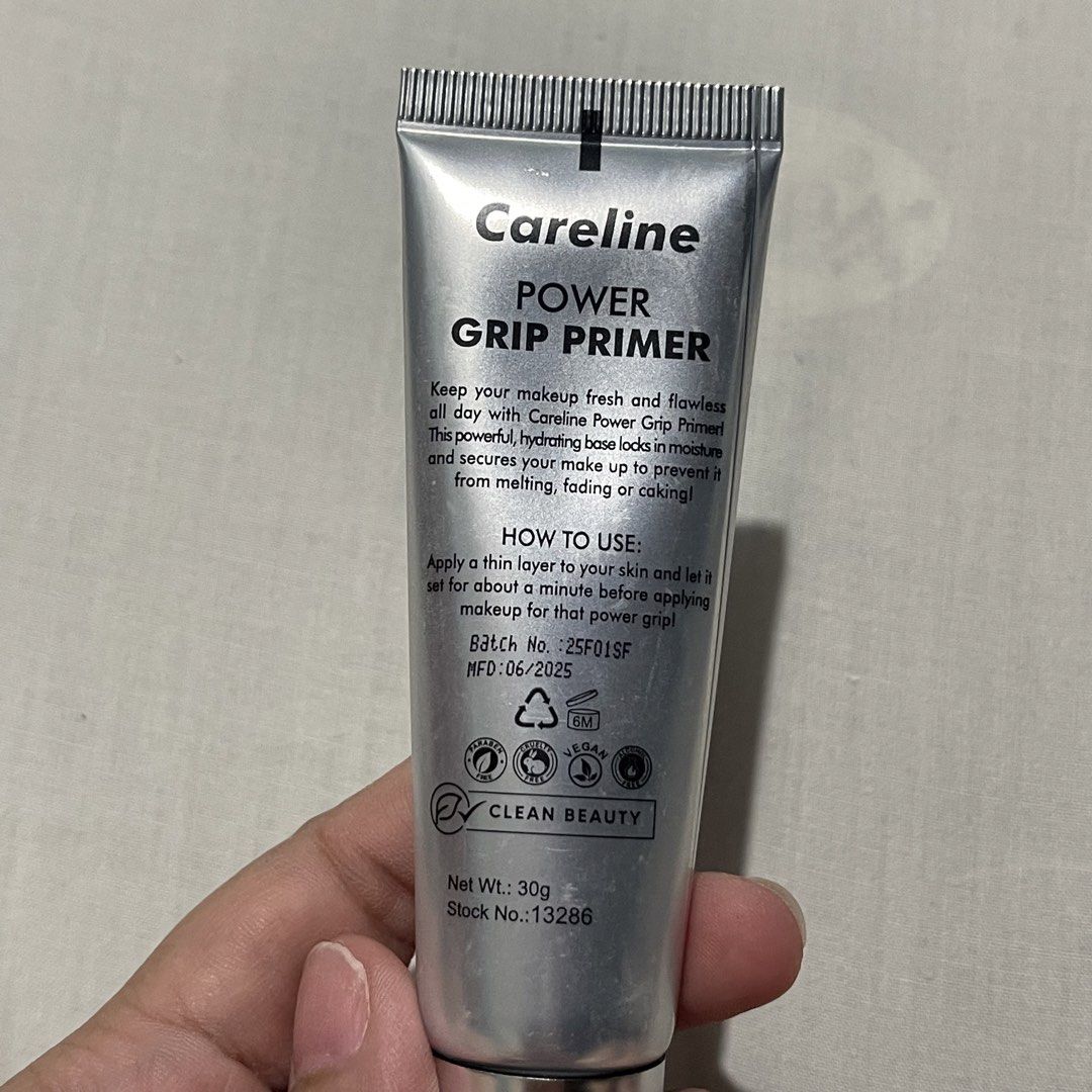 Careline Power Grip Primer 30g (Category: Makeup) located in Caloocan City. Submitted by kimmyrotoni (Listing ID 1451105133, Image 2). Description: - Careline Power Grip Primer (30g) with box -Used 2-3x - Keeps makeup fresh and flawless all day - Hydrating base locks in moisture and secures makeup - Prevents melting, fading, or caking - Infused with Glycerin, Aloe Vera Extract, Niacinamide, and Hyaluronic Acid - How to use: Apply a thin layer and