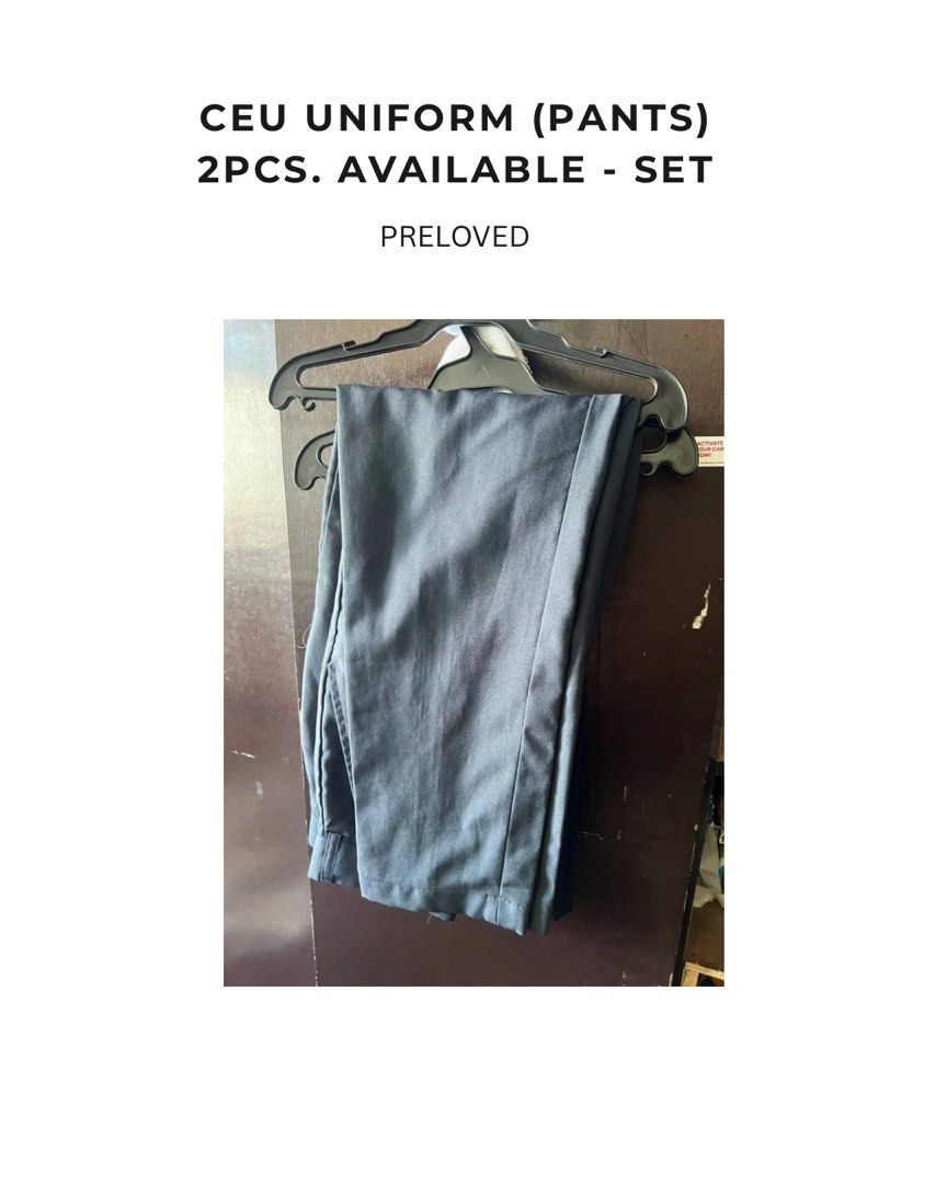 CEU UNIFORM (PANTS) 2PCS (Category: Sets & Coordinates) located in Manila. Submitted by jasssierl (Listing ID 1451057574, Image 1). Description: SET - 2 PCS PANTS - SIZE XL (maliliit size pants ng ceu) -no issues/flaws -good as new - ACTUAL PHOTO. NOTE: ‼️Ig & Carousell only T&C -First to pay basis! - No COD! - No return and refund ☁️ always read description ☁️ ask the seller for actual pic/condition before buying.