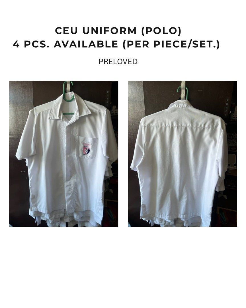 CEU UNIFORM POLO (Category: Sets & Coordinates) located in Manila. Submitted by jasssierl (Listing ID 1451056919, Image 1). Description: -Medium size -4pcs available, pwede din daw po per piece or set. ☺️ (nego if set of 4) -used but not abused, no issue or flaws. - can send more actual pics ! NOTE: ‼️Ig & Carousell only T&C -First to pay basis! - No COD! - No return and refund ☁️ always read description ☁️ ask the seller for actual pic/condition