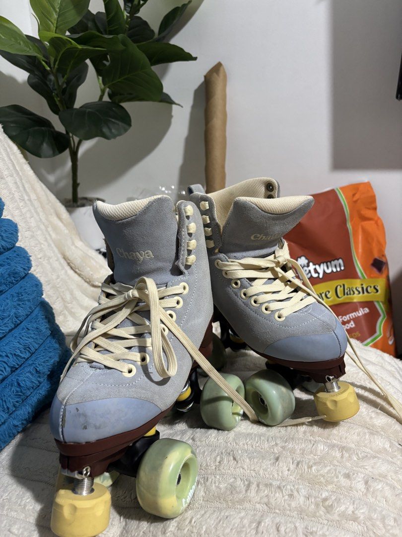 Chaya Roller Skates - Light Blue Suede Size 36 (Category: Skates, Rollerblades & Scooters) located in Manila. Submitted by pephaus (Listing ID 1451086527, Image 3). Description: - Brand: Chaya Roller Skates - Material: Light blue suede - Laces: Cream color - Wheels: Green and yellow - Perfect for cruising and hitting the streets - Ready for a new owner! Makati Area .