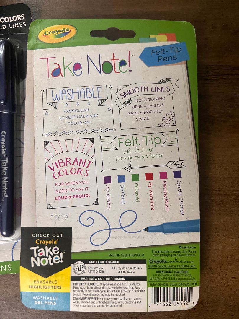 Crayola Take Note Washable Felt-Tip Marker Pen, 6 Colors (Category: Stationery & School Supplies) located in Marikina City. Submitted by mariefdv (Listing ID 1450938027, Image 2). Description: Crayola Take Note Washable Felt-Tip Marker Pen, 6 Colors Capture your thoughts, notes, and important things to remember with Crayola Take Note writing tools. Now there’s a Washable Felt Tip Pen that’s bold and vibrant! Get ready to leave your mark, and give