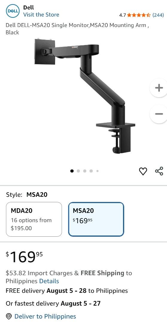 Monitor stand / arm (Category: Monitor Screens) located in Rizal. Submitted by haddad.hashim (Listing ID 1450949391, Image 3). Description: - Dell MSA20 Monitor Arm - No box. Never used, only tested. Bought from Singapore - Mounts to desk with clamp - Adjustable monitor positioning - Retails at 170USD on Amazon - Perfect for workspace organization and ergonomics.