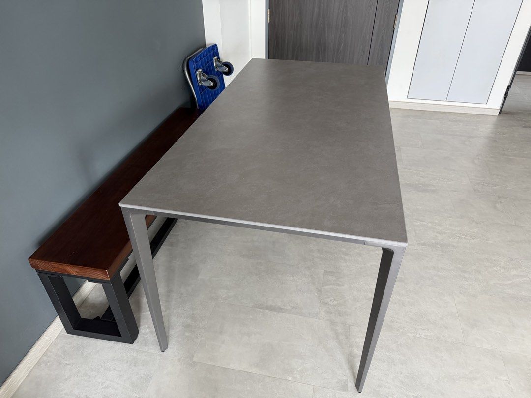 Dining table (Category: Tables & Sets) located in Singapore. Submitted by roleypoleyyy (Listing ID 1450947061, Image 2). Description: Selling both dining table and wooden bench. Sintered stone grey dining table Size: 160cmL x 80cmW . 75cmH Wooden bench Dimensions: 145cmL x 30cmW x 45cmH $100 for dining table $160 for both. .
