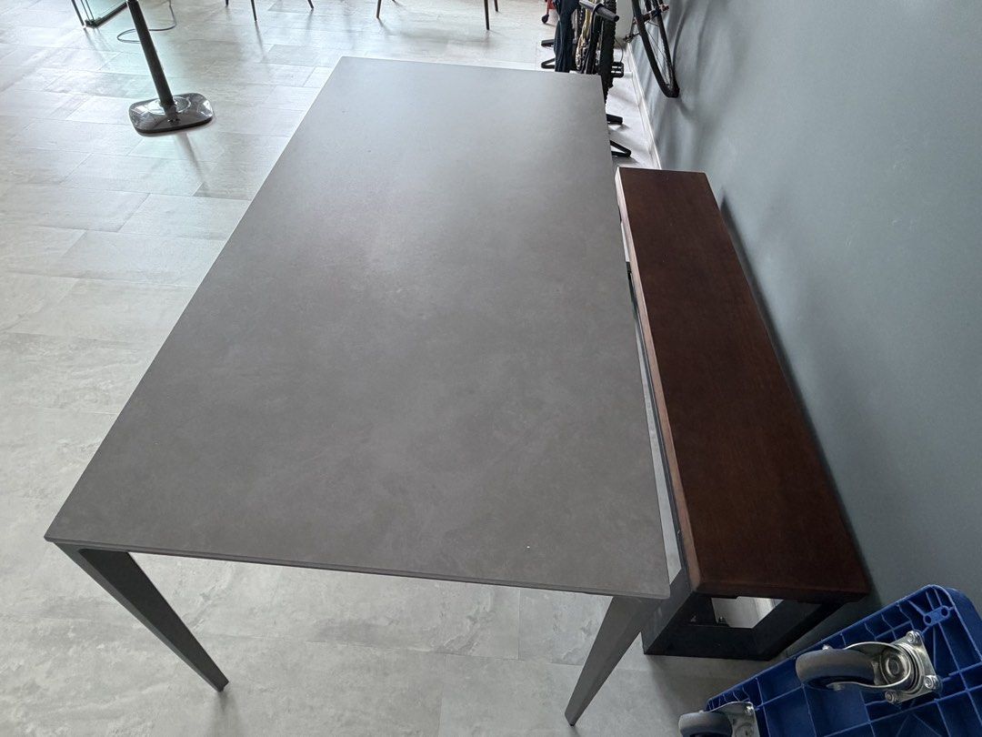 Dining table (Category: Tables & Sets) located in Singapore. Submitted by roleypoleyyy (Listing ID 1450947061, Image 3). Description: Selling both dining table and wooden bench. Sintered stone grey dining table Size: 160cmL x 80cmW . 75cmH Wooden bench Dimensions: 145cmL x 30cmW x 45cmH $100 for dining table $160 for both. .