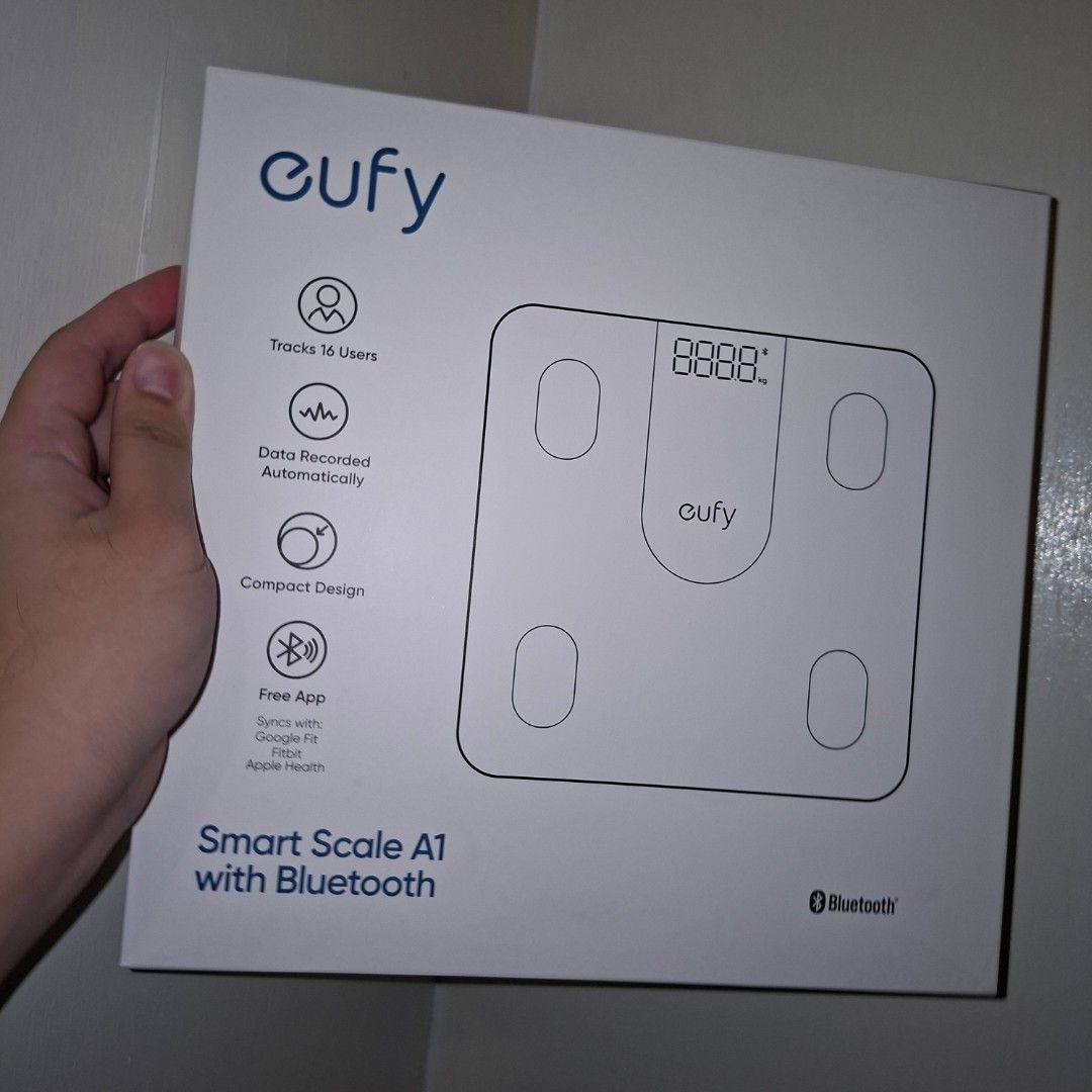 Eufy Smart Scale A1 with Bluetooth (Category: Health Monitors & Weighing Scales) located in Pasig City. Submitted by mr.bargaindeal (Listing ID 1450994801, Image 2). Description: - Eufy Smart Scale A1 - Tracks up to 16 users - Automatic data recording - Compact and space-saving design - Syncs with the free Eufy app - Compatible with Google Fit and Apple Health - Bluetooth connectivity.