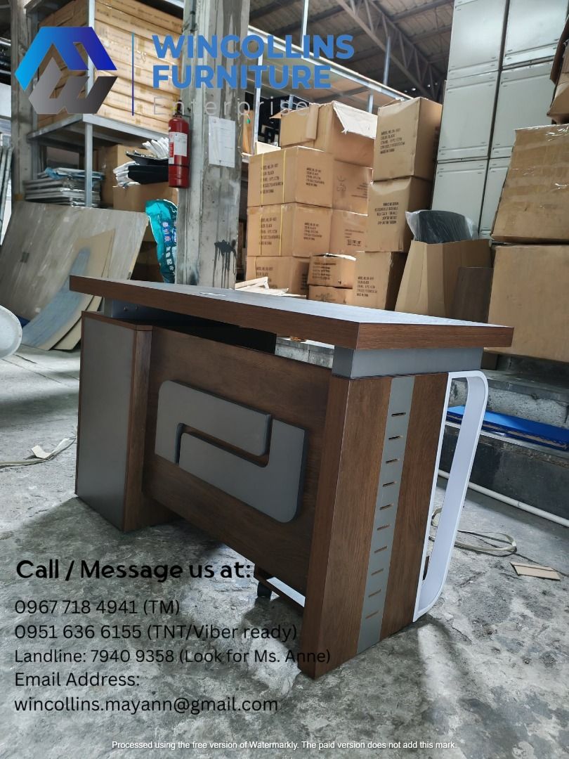 Executive Table / Office Table / Work Table (Category: Tables & Sets) located in Quezon City. Submitted by wincocami_ (Listing ID 1450989801, Image 2). Description: Office table with melamine scratch proof table top with keyboard tray 3-layer Side Drawers with safety lock Size: L1420cm x W66cm x H75cm Color: Two tone Coffee and white.