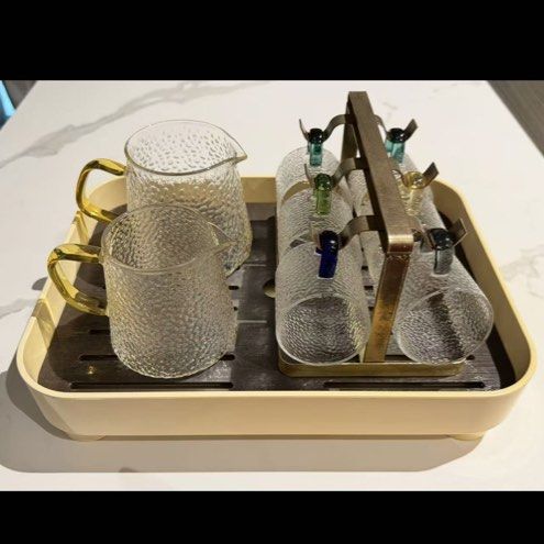 Glass Pitcher and Cups Set with Gold Handles