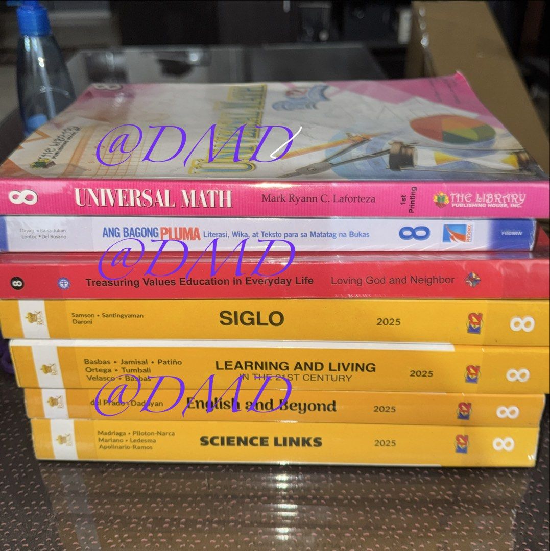 Grade 8 K-12 Books: Math, Values, ICT, Science (Category: Textbooks) located in Pasig City. Submitted by sharkygurl (Listing ID 1451068242, Image 2). Description: Condition: 🔸Used last sy. 🔸Book covers are intact. 🔸Some with minimal writings (less than 20 pages, some with checkmarks). 🔸 With highlights on important texts/topics. 🔸Still good to use as workbook and reference. Loc: Manggahan Pasig.