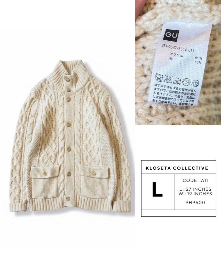 GU Cable Knit Cardigan Cream L (Category: Coats, Jackets and Outerwear) located in Caloocan City. Submitted by thrift_genieee (Listing ID 1451013455, Image 1). Description: - Cream cable knit cardigan from GU - High neck with button-up front - Two front pockets with button closure - Material: 85% acrylic, 15% wool - Measurements: Length 27 inches, Width 19 inches - Ideal for layering No meetups ❌ No COD ❌ No return, No exchange 📍North Caloocan R