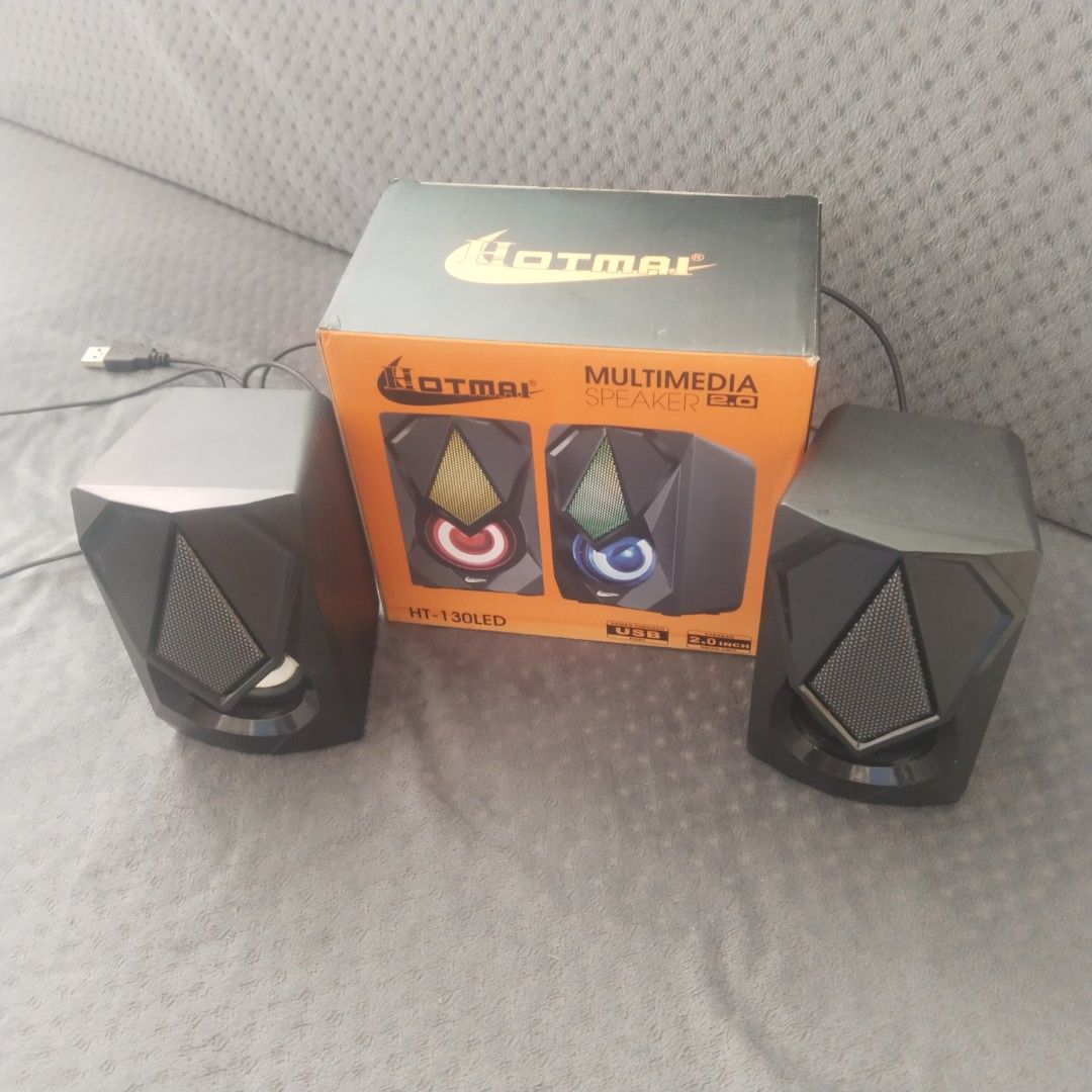 Hotmai Multimedia Speaker 2.0 USB LED (Category: Soundbars, Speakers & Amplifiers) located in Liloy. Submitted by joshuabula48818 (Listing ID 1450959081, Image 2). Description: - Hotmai HT-130LED Multimedia Speakers - 2.0 Channel System - Connects via USB - Features cool LED lights - Ideal for computer setups - Original box included.