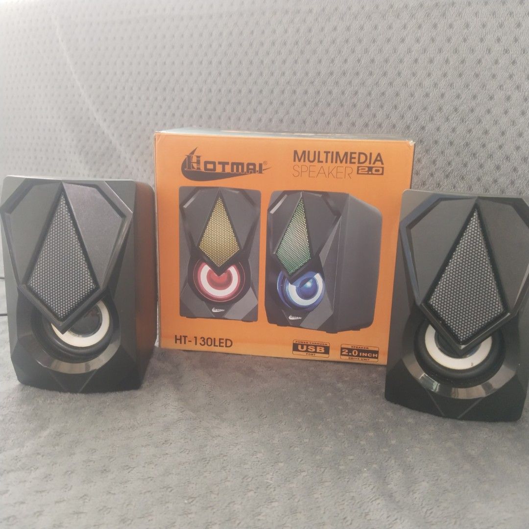Hotmai Multimedia Speaker 2.0 USB LED (Category: Soundbars, Speakers & Amplifiers) located in Liloy. Submitted by joshuabula48818 (Listing ID 1450959081, Image 1). Description: - Hotmai HT-130LED Multimedia Speakers - 2.0 Channel System - Connects via USB - Features cool LED lights - Ideal for computer setups - Original box included.