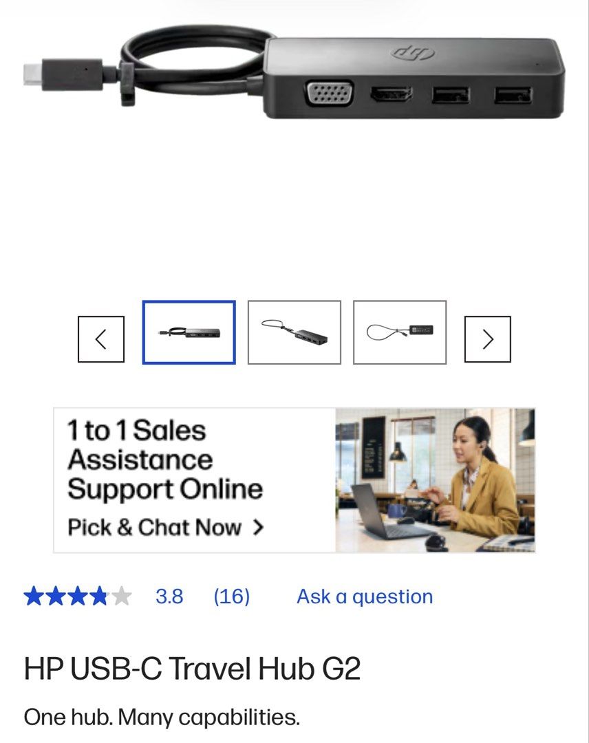 HP USB-C Travel Hub G2 (Category: Other Gadgets) located in Taguig. Submitted by PF910 (Listing ID 1451108890, Image 1). Description: - HP USB-C Travel Hub G2 - Connects laptop to multiple devices - Ports: VGA, HDMI, USB-A - Supports 90W USB-C charging - Compact and portable for travel - Ideal for expanding connectivity options.