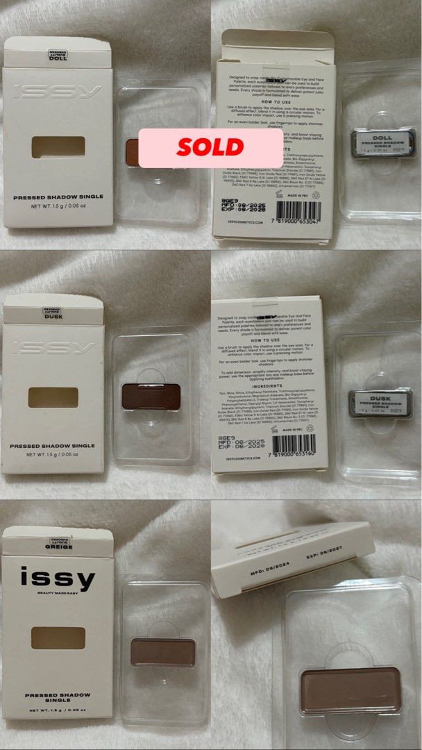 Issy palette inserts (Category: Makeup) located in San Fernando. Submitted by cscg_ (Listing ID 1448343464, Image 3). Description: Issy customizable eye and face REGULAR palette - ₱200 - Palette only. No box, no pin/ejector - Mirror still with protective plastic ❌ Issy customizable eye and face MINI palette - ₱150 ❌ SOLD - Palette only. No box, no pin/ejector - Mirror still with protective plastic Inserts - ₱120 each (all are swatched once only) 