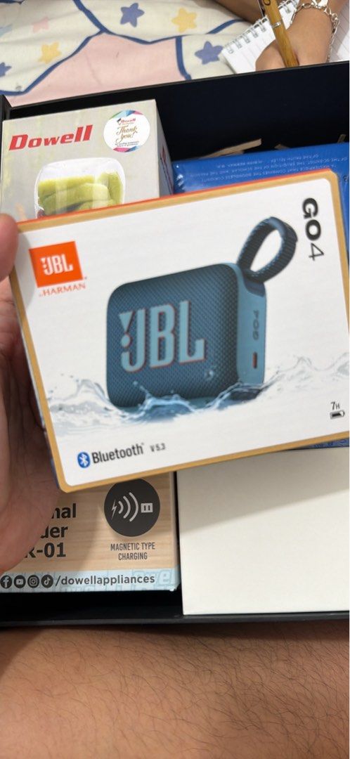 JBL GO 4 (Category: Soundbars, Speakers & Amplifiers) located in Manila. Submitted by lomzzzzz (Listing ID 1451041512, Image 3). Description: Unopened JBL GO 4 - JBL GO4 portable speaker - Grab and go design - Bluetooth v5.3 - Waterproof - Up to 7 hours playtime - Connects to JBL Portable App - Magnetic charging - Great sound for its size - Perfect for outdoor adventures or chilling at home.