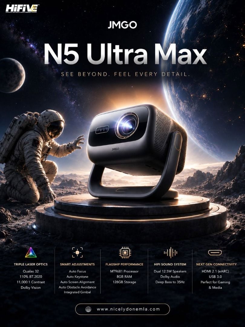 JMGO N5 Ultra Max Triple Laser Projector (Category: Projectors) located in Manila. Submitted by nicelydone31948 (Listing ID 1450991828, Image 2). Description: 🚀 NOW IN THE PHILIPPINES – THE JMGO N5 ULTRA MAX! 🇵🇭✨ Experience the future of home cinema with the JMGO N5 Ultra Max—the first projector in the Philippines featuring a built-in motorized AI Gimbal System with true optical lens shift and optical zoom. 🎯 Perfect framing, effortless setup
