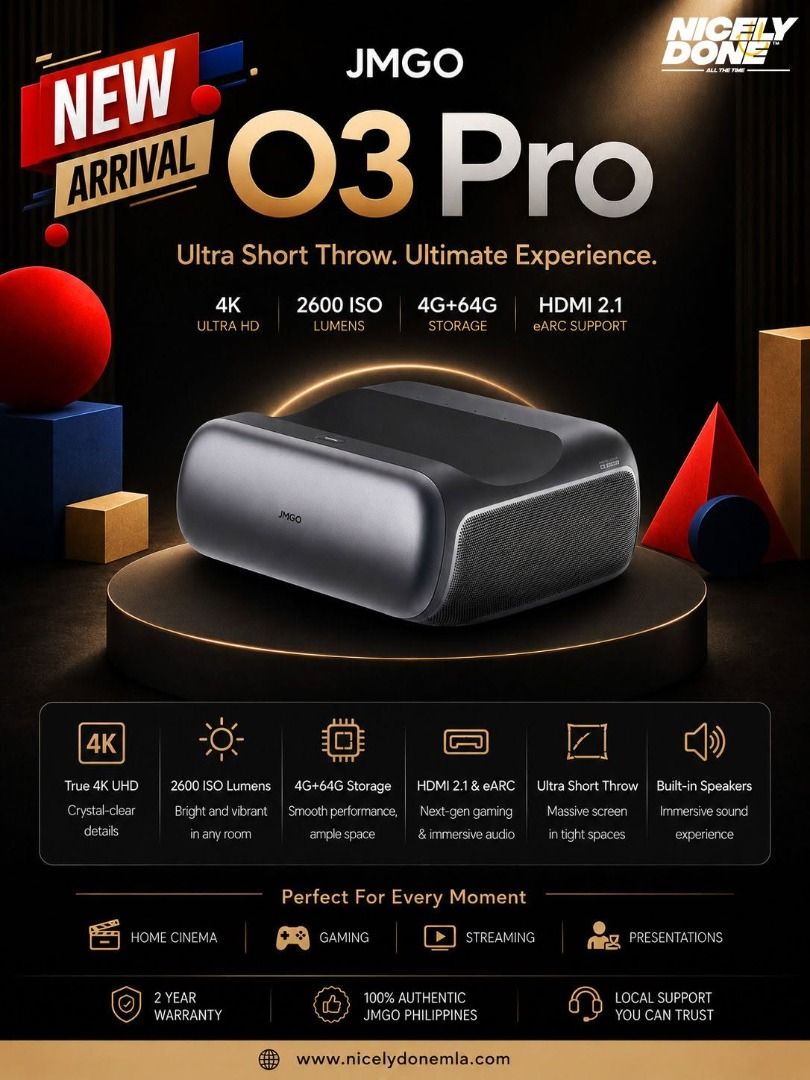 JMGO O3 Pro 4 (Category: Projectors) located in Manila. Submitted by nicelydone31948 (Listing ID 1451001299, Image 2). Description: JMGO O3 Pro. Ultra Short Throw. Ultimate Experience. ✨🎬 Your wall just became a cinema. And all it took was one device placed right in front of it. 🖤🎥 No long throws. No complicated mounts. No massive setup. Just the JMGO O3 Pro sitting close to your wall — and a screen so big, so sharp, and so immersive that your